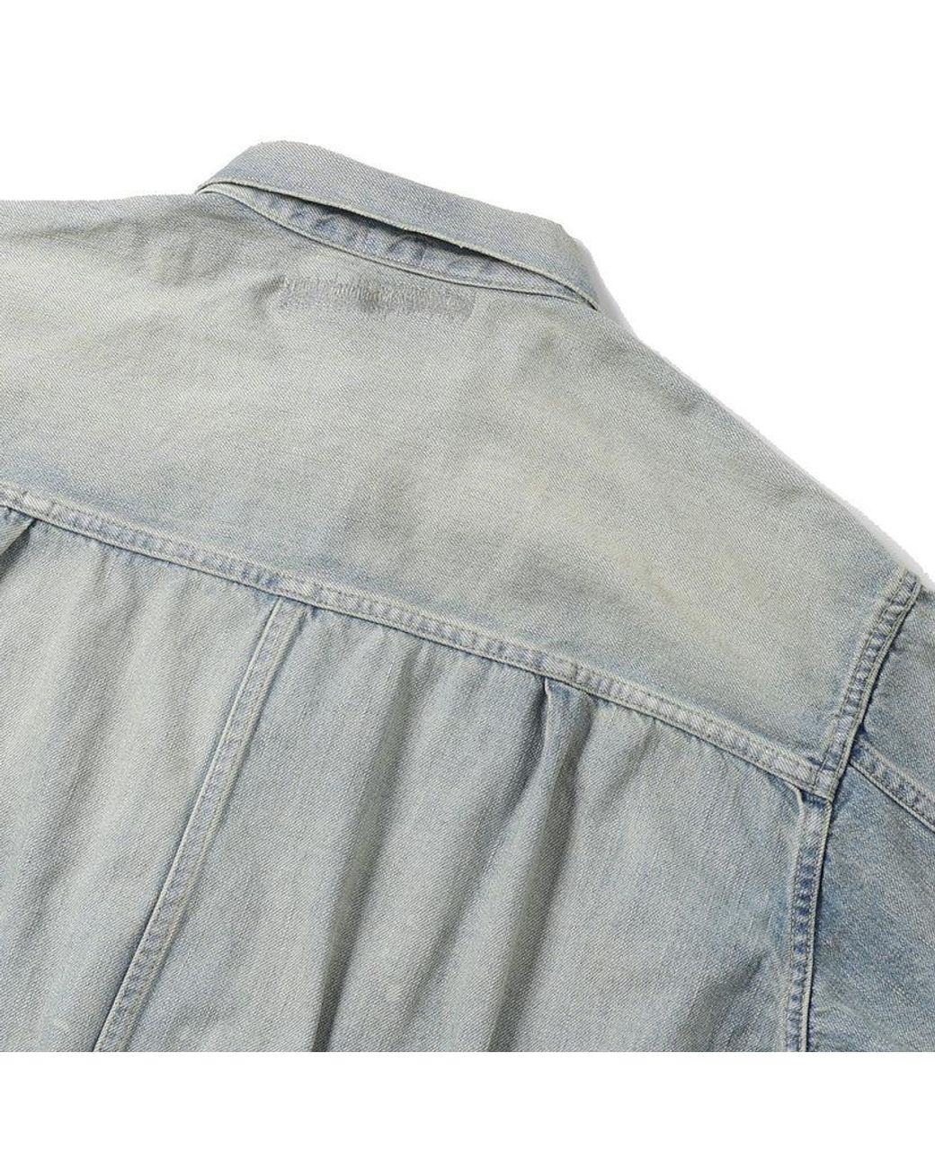 A.PRESSE Blue Bleached-Effect Pleated Denim Jacket for men