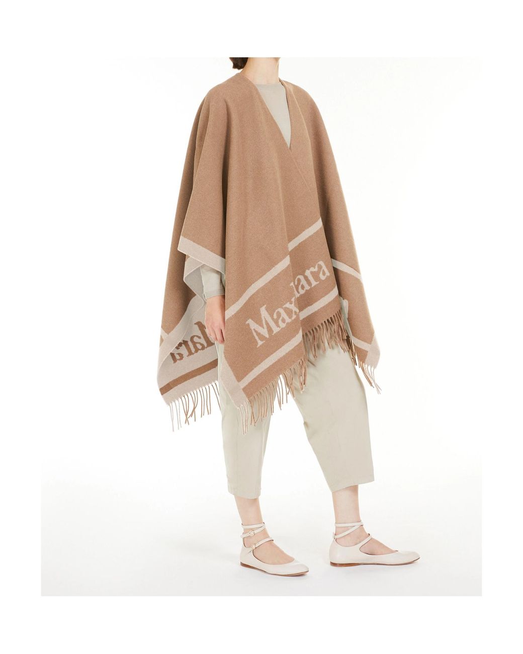 Max Mara Natural Hilde Fringed V-Neck Cape