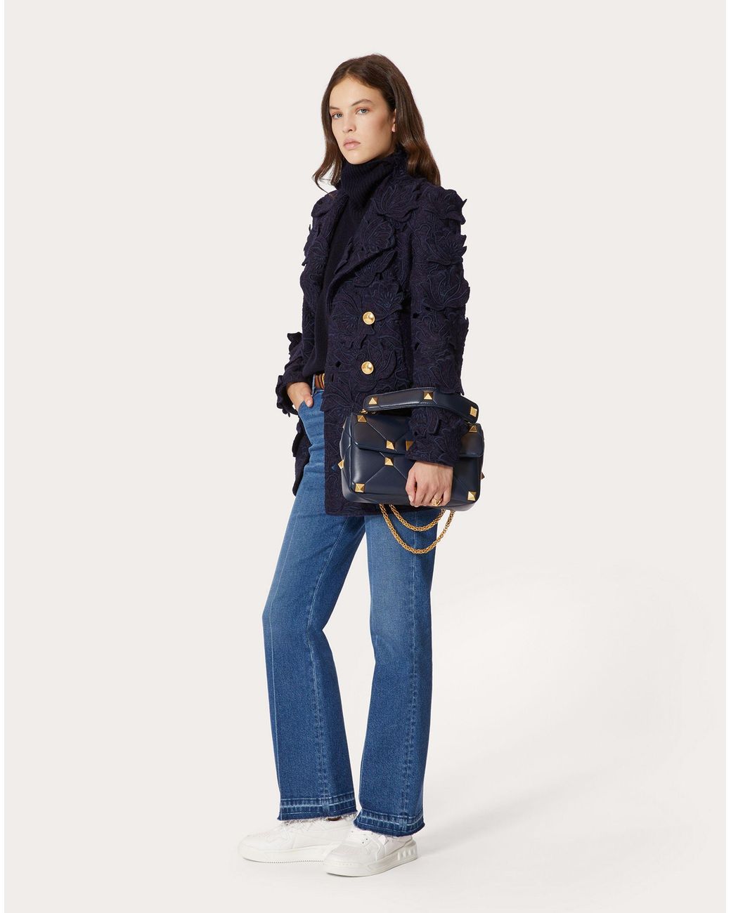 Valentino Blue Double-Breasted Appliqué-Detail Coat