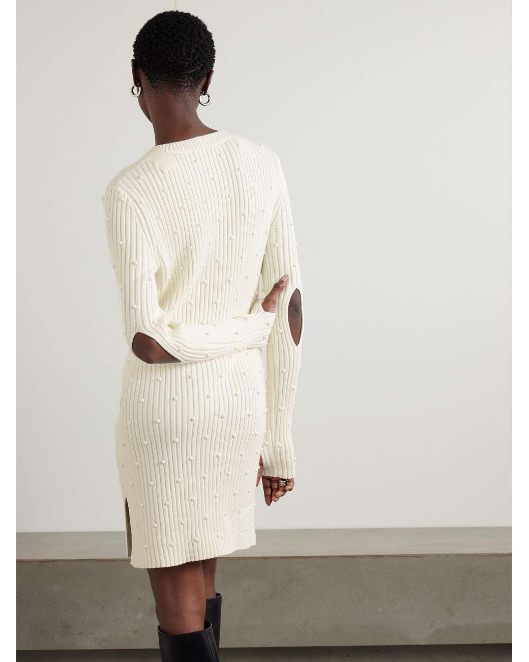 Helmut Lang White Bead-Embellished Ribbed-Knit Dress