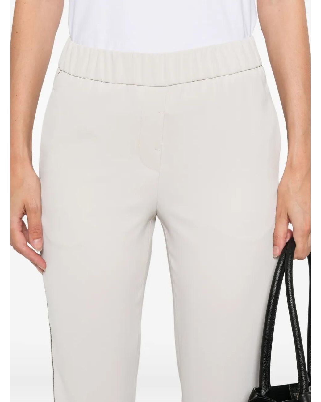 Peserico White Elastic-Waistband Side-Stripe Trousers