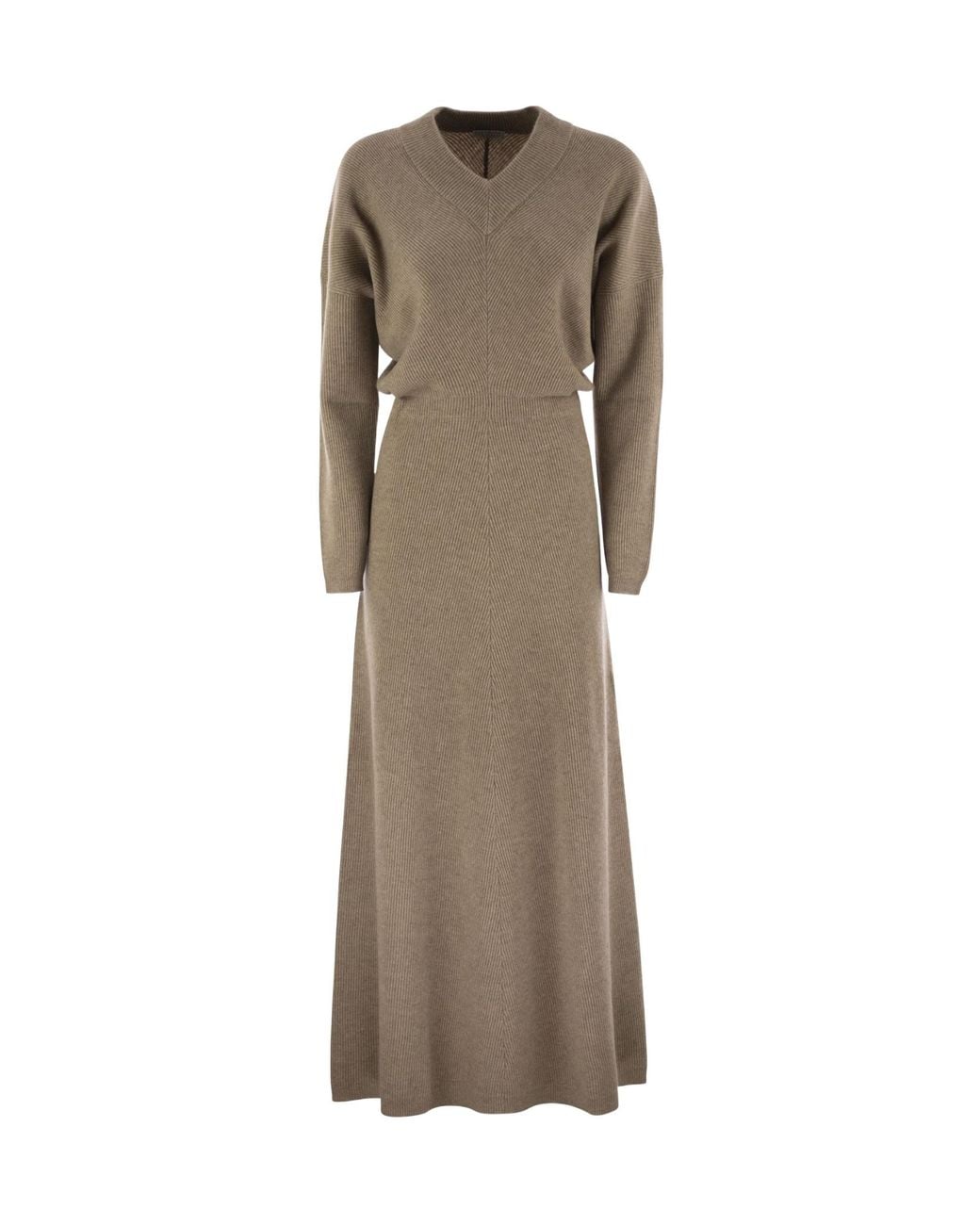 Brunello Cucinelli Natural V-Neck Knitted Maxi Dress