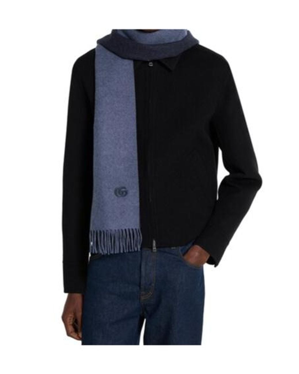 Gucci Blue Logo Patch Fringed Scarf for men