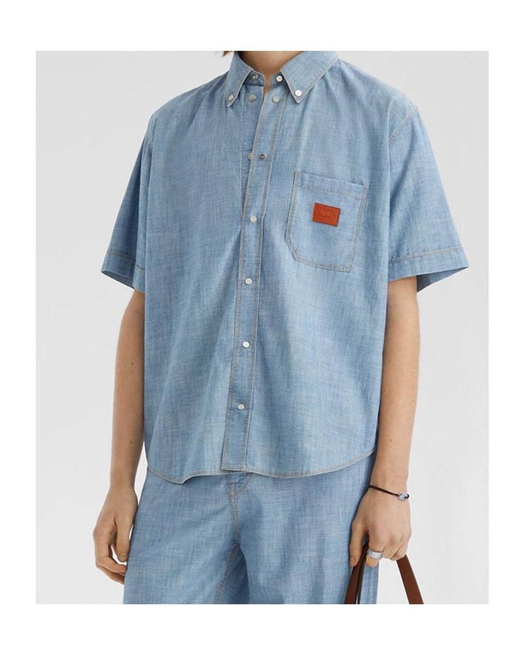 Fendi Blue Logo Patch Short Sleeved Denim Shirt for men