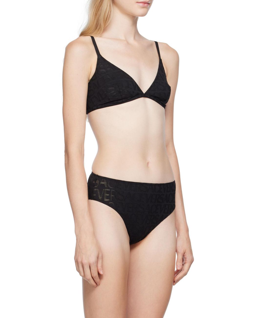 Versace Black Allover Logo Mesh Stretched Triangle Bra