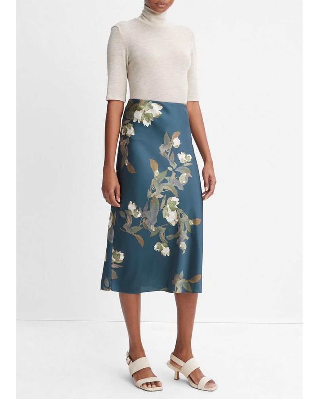 Vince Blue Floral-Print High-Waisted Midi Skirt