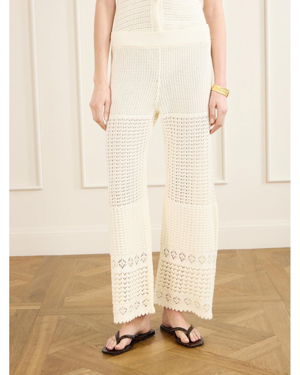 Eres White Crochet-Knit Straight-Leg Pants