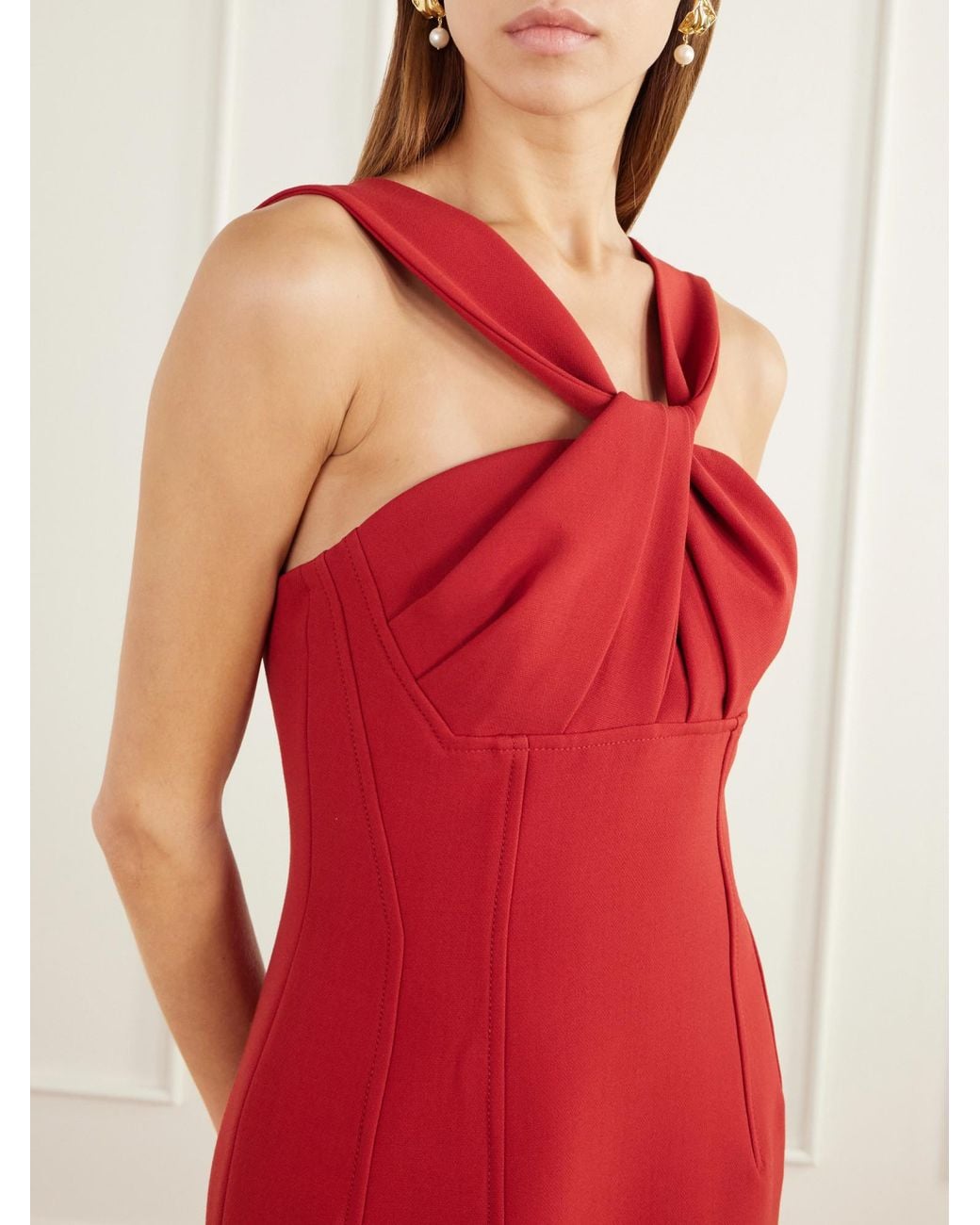 Emilia Wickstead Red Open-Back Twisted Darted Birdseye Halterneck Midi Dress