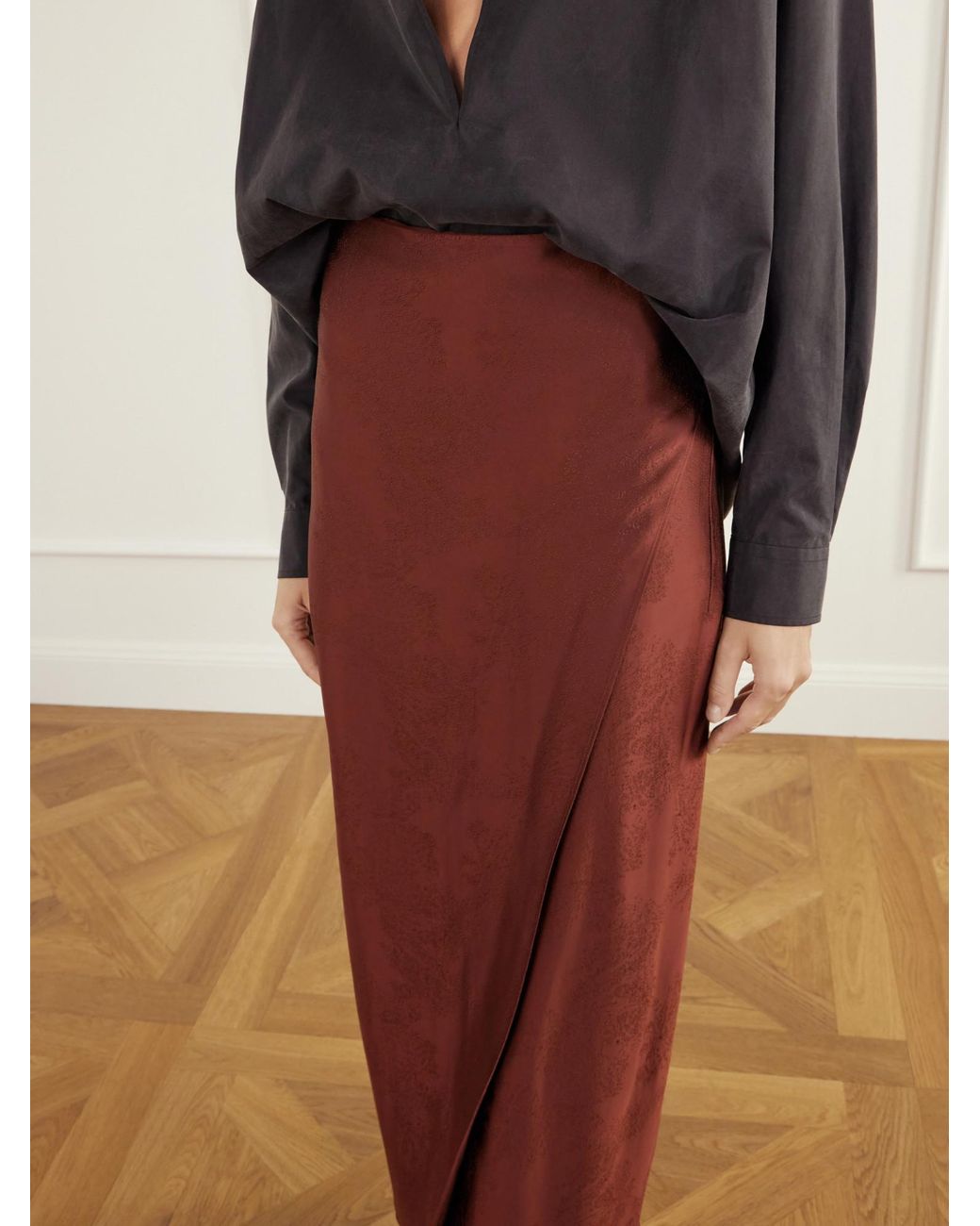 Ruohan Brown Wrap-Effect Satin-Jacquard Maxi Skirt