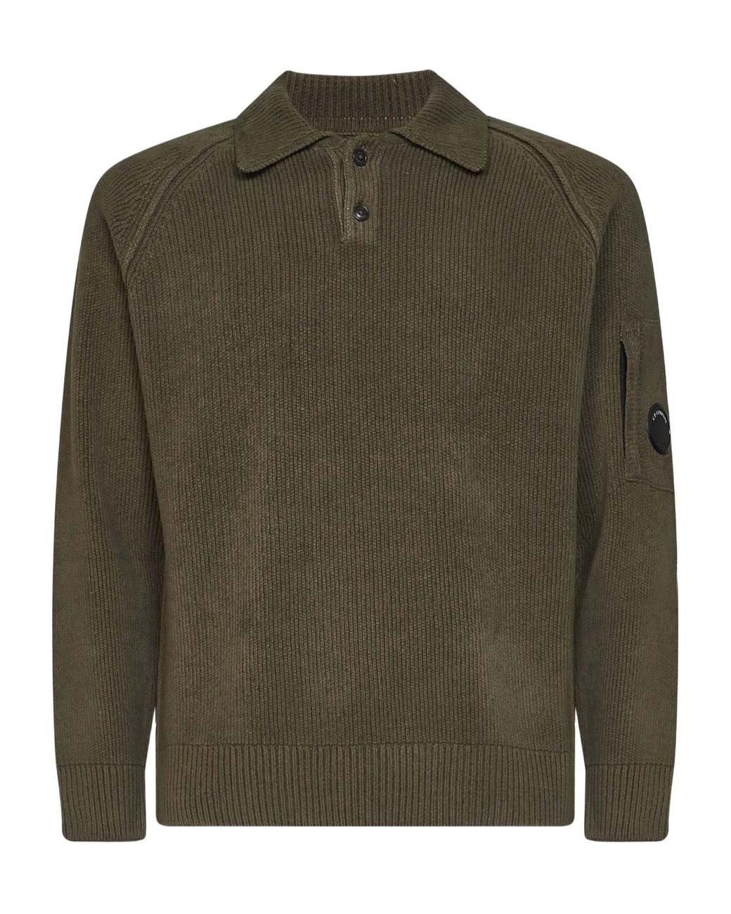 C P Company Green Long-Sleeved Knitted Polo Shirt for men