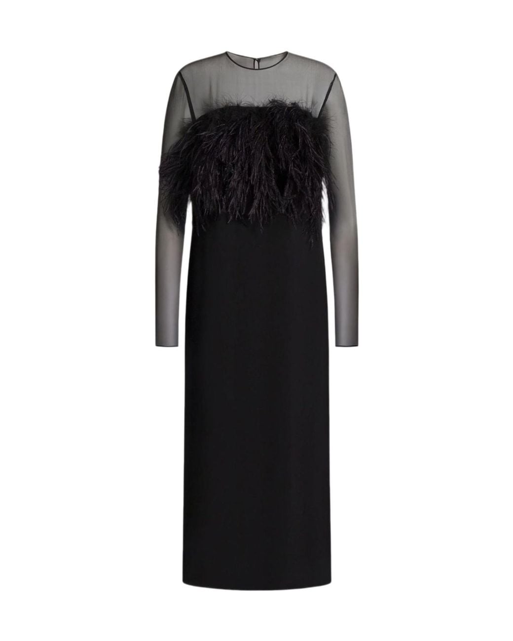 Alberta Ferretti Black Feather-Trim Sheer-Sleeve Dress