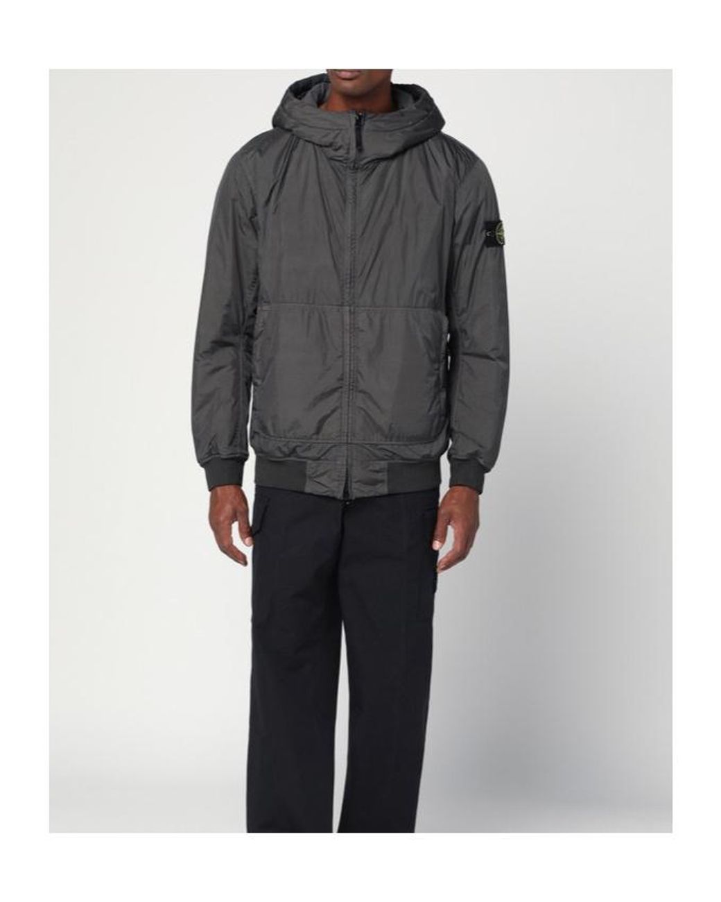 Stone Island Gray Logo Patch Zip-Up Hooded Jacket for men