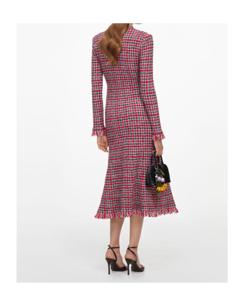 Self-Portrait Red Check Frayed Knit Midi Dress