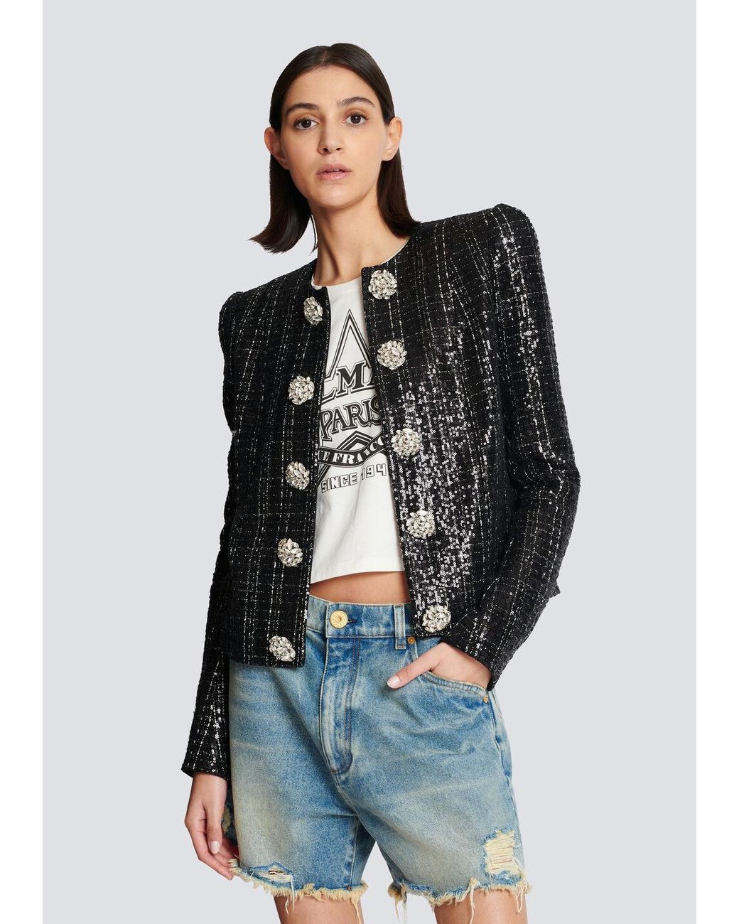 Balmain Black Tweed Sequin Embellished Jacket