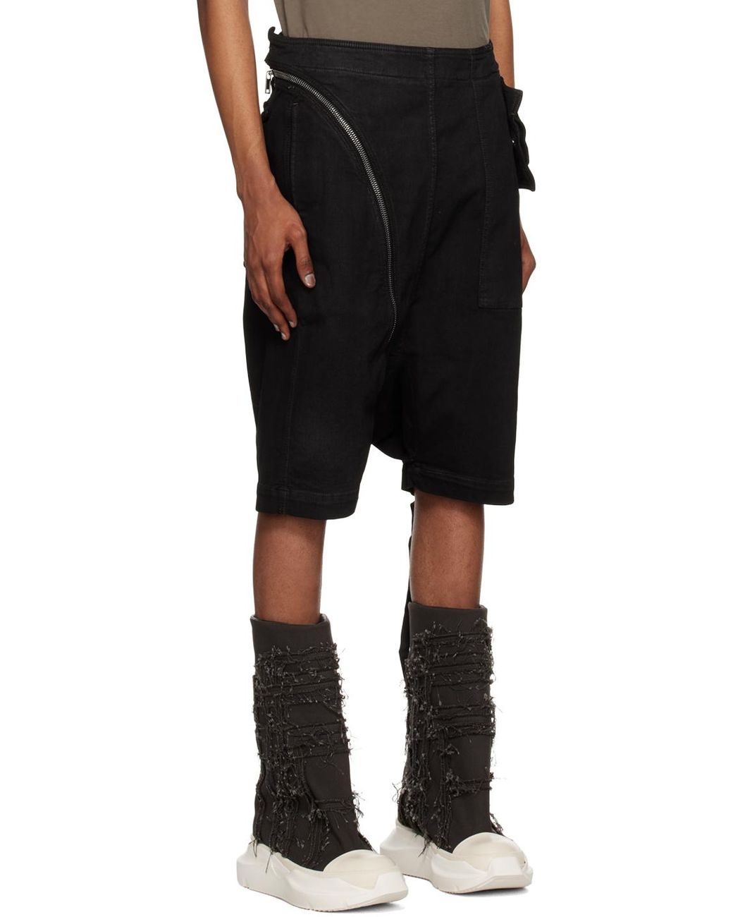 Rick Owens Black Old Made Diagonal Zipper Coated Denim Shorts for men