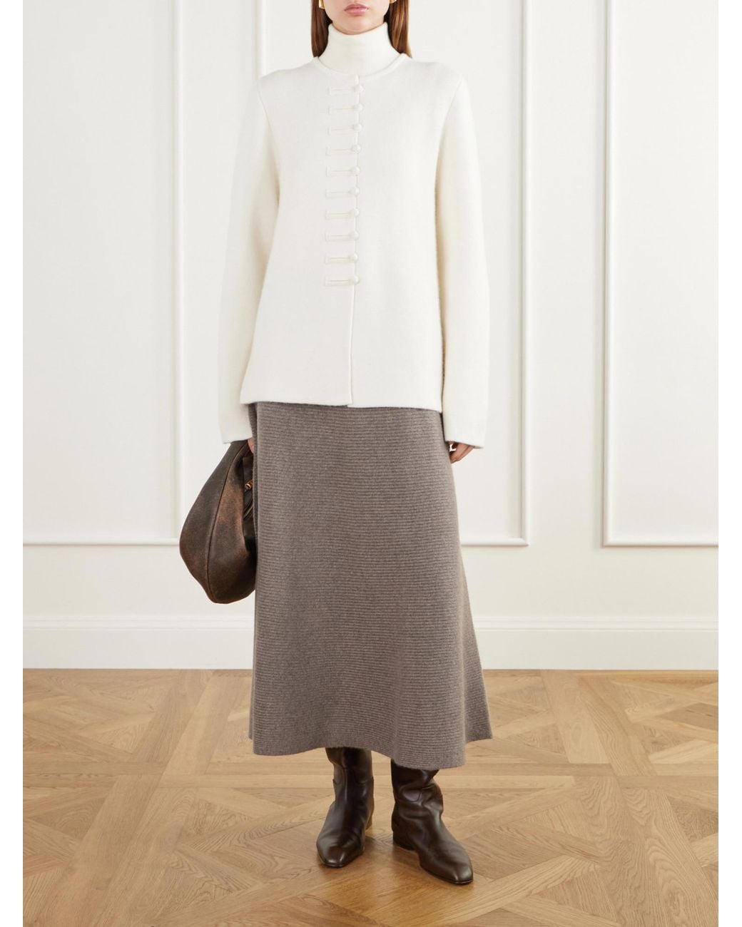 Lisa Yang Brown Ribbed Cashmere Midi Skirt