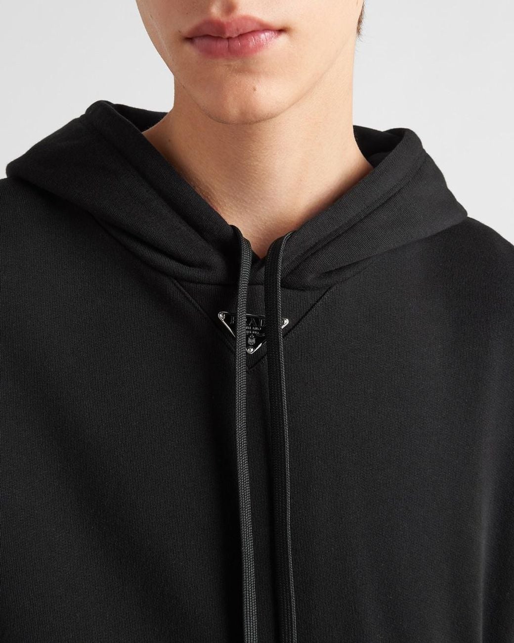 Prada Black Triangle-Logo Drawstring Hoodie for men