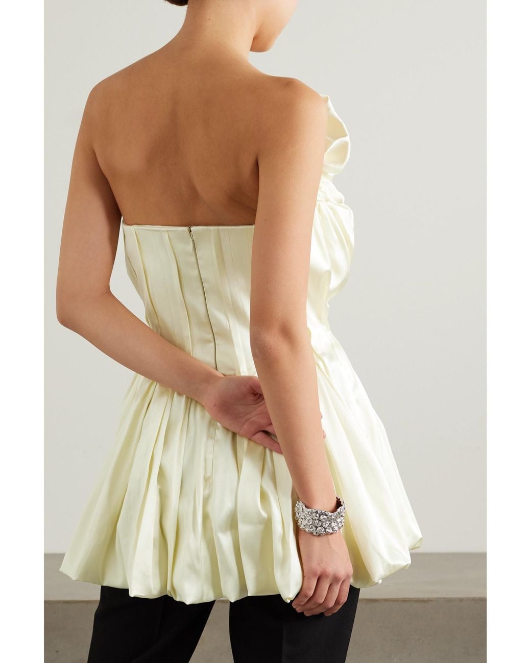 TOVE Metallic Strapless Gathered Satin Top