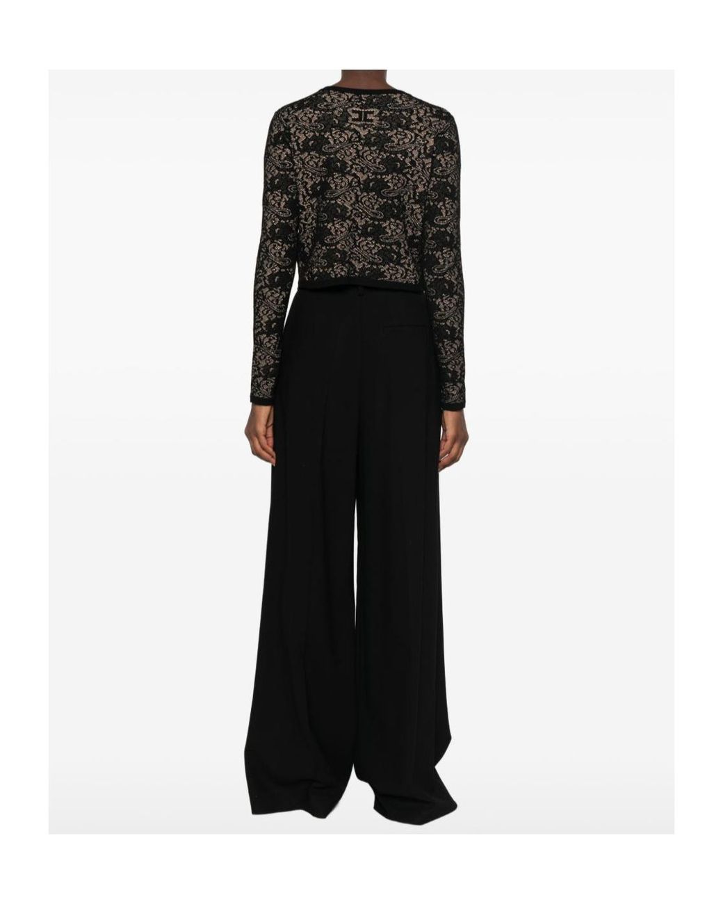 Elisabetta Franchi Black Lace-Pattern Logo-Plaque Crewneck Cardigan