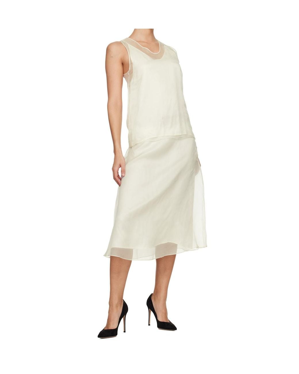 AMI White Sheer-Overlay Silk Midi Skirt