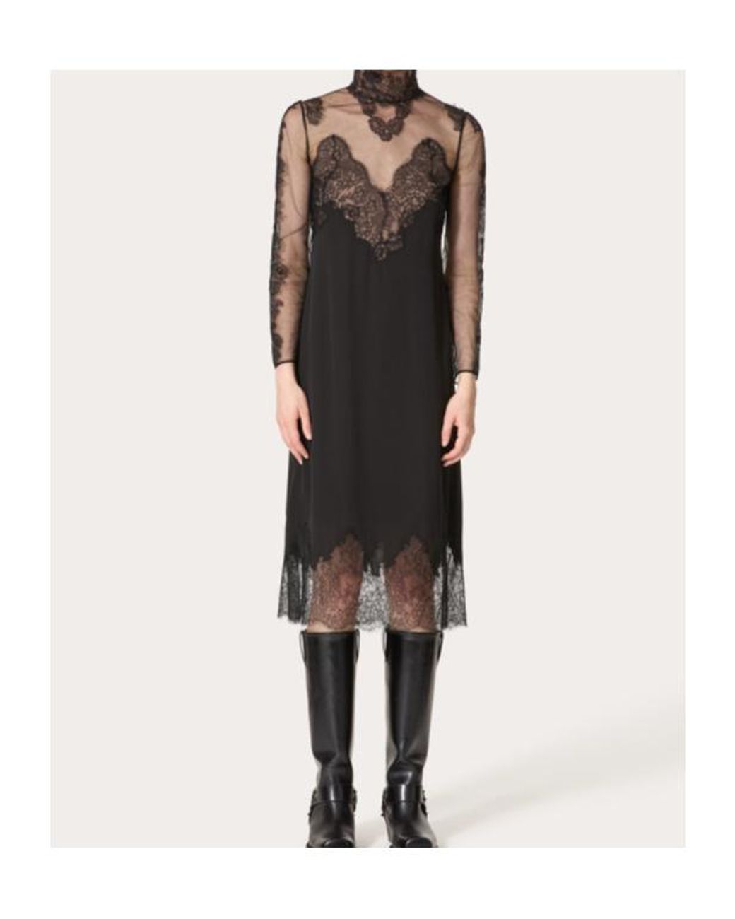 Valentino Black Laced High Neck Long-Sleeved Midi Dress