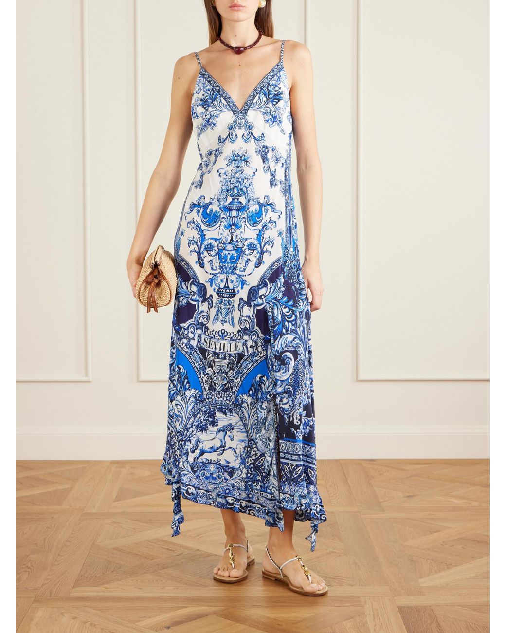 Camilla Blue Crystal-Embellished Printed Silk Midi Dress