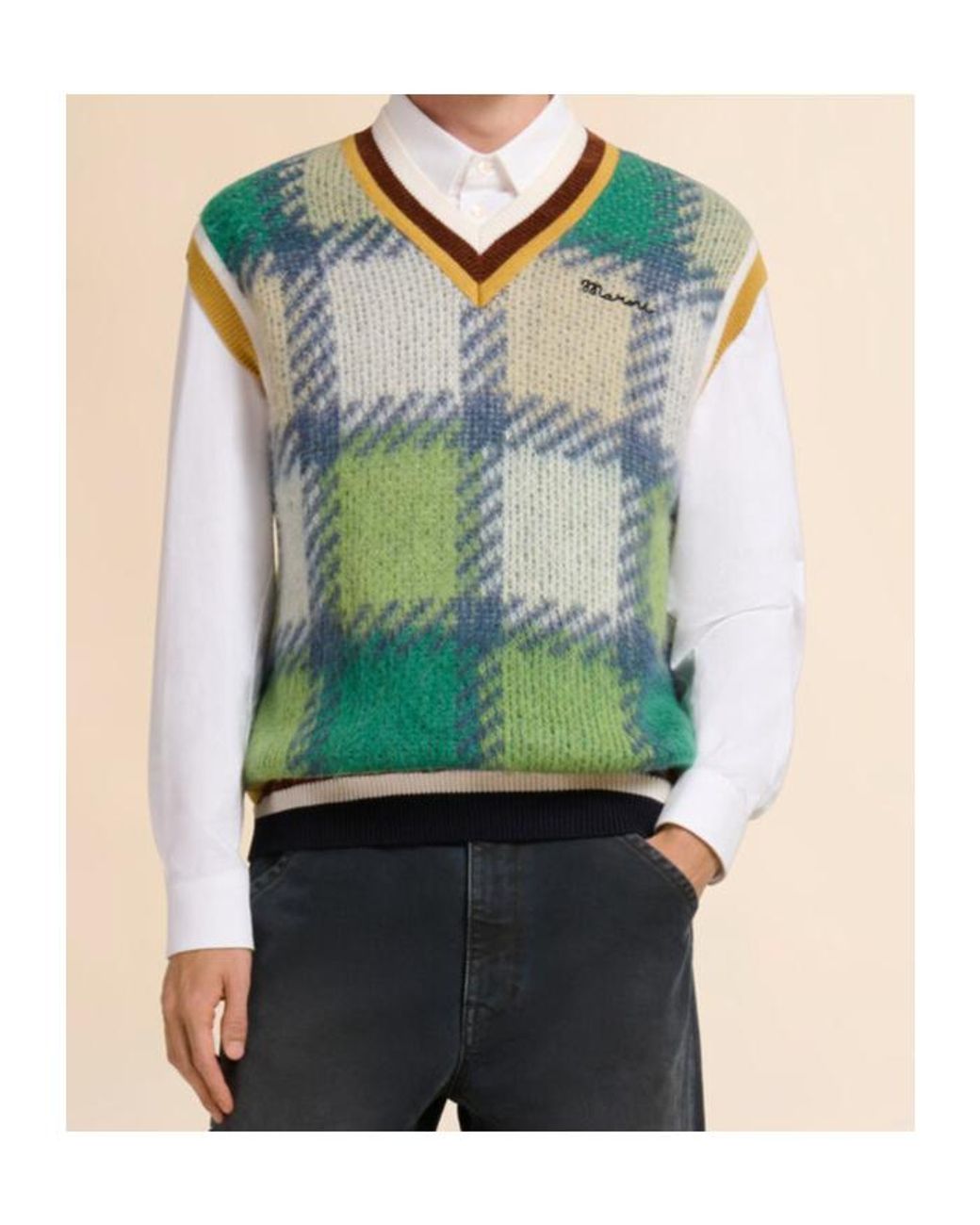 Marni Green Checked Mohair Vest With Striped Trims for men