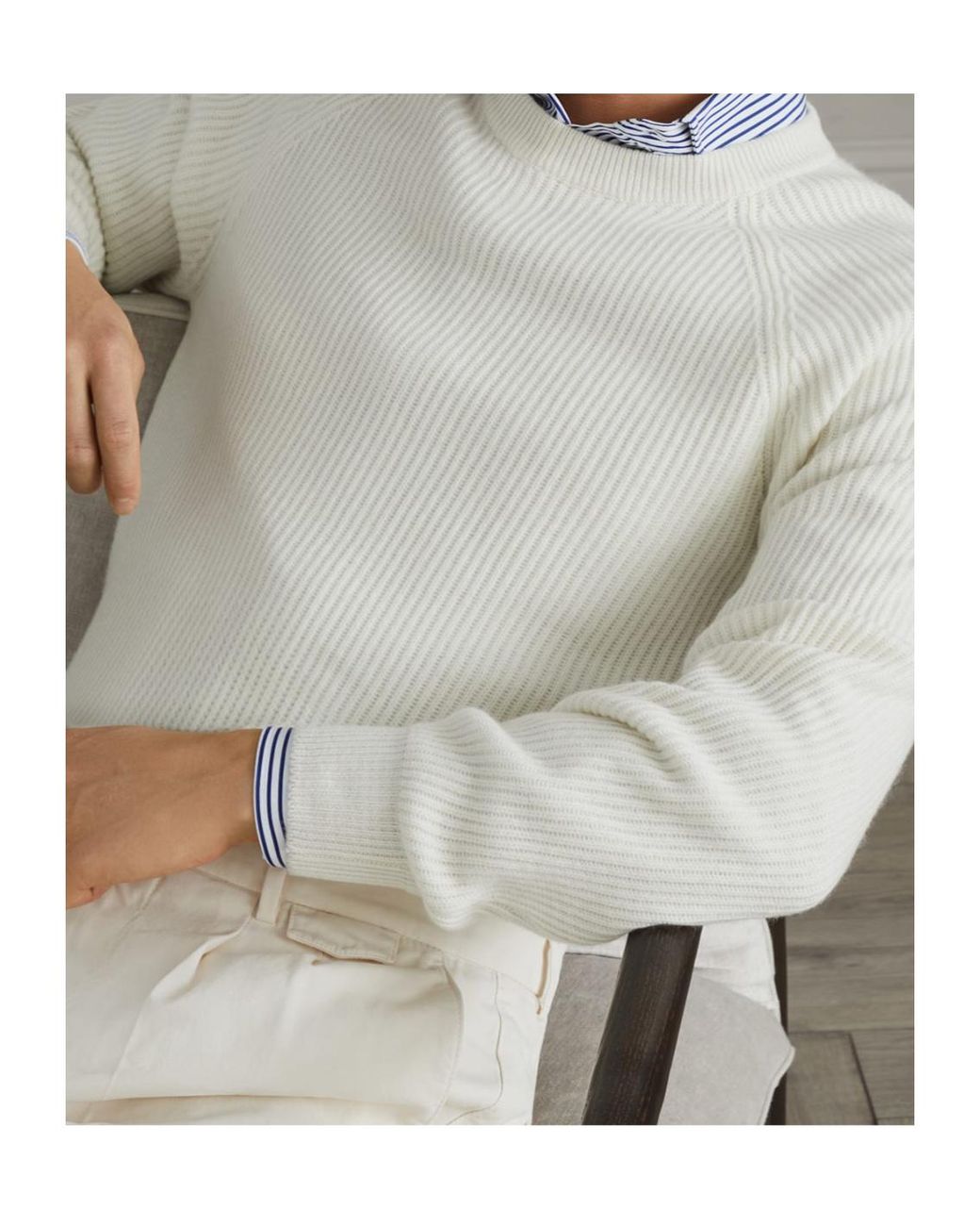 Brunello Cucinelli White Crewneck Ribbed-Knit Jumper for men
