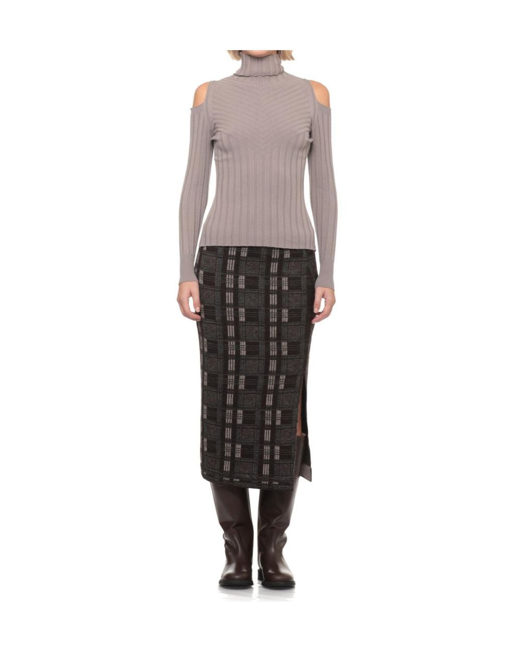 D.exterior Gray Ribbed Cold-Shoulder Knitted Sweater