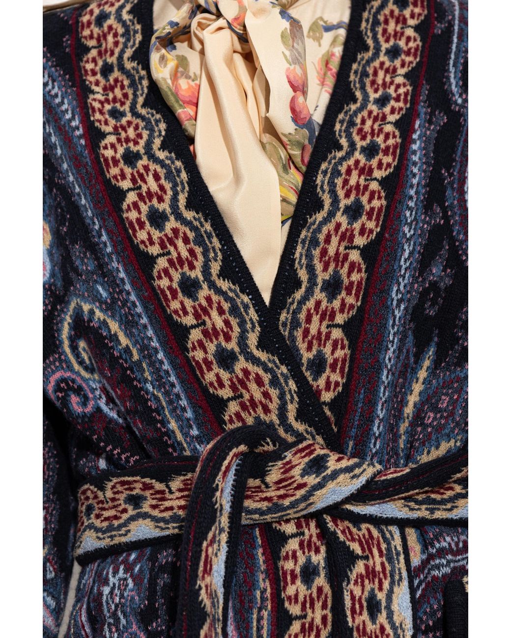 Etro Blue Belted Pattern Knit Cardigan