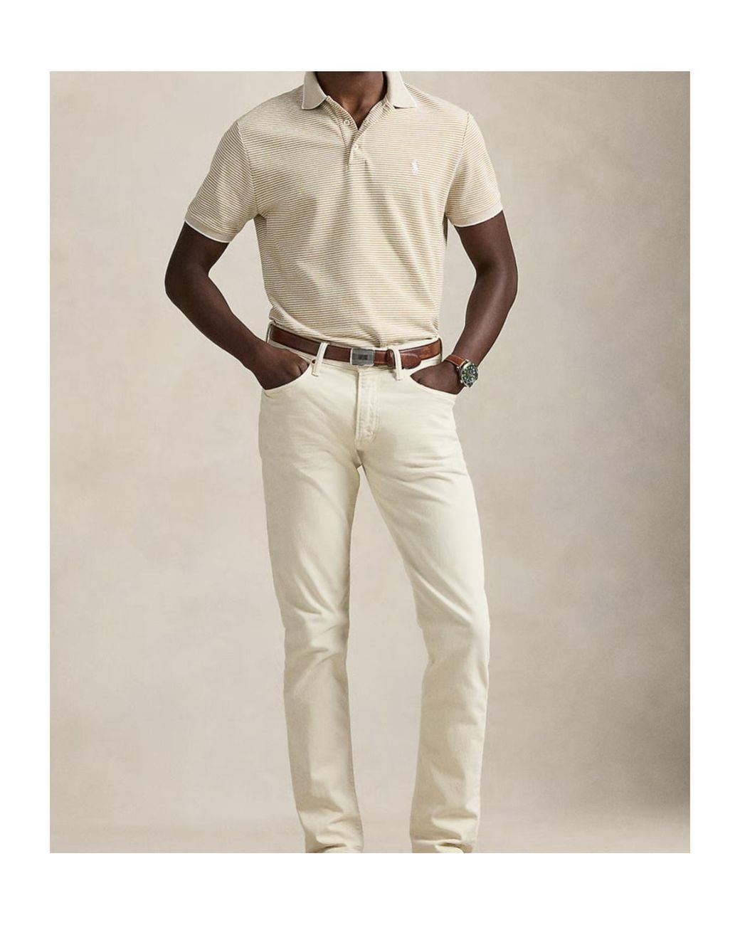 Polo Ralph Lauren White Striped-Pattern Short-Sleeved Polo Shirt for men