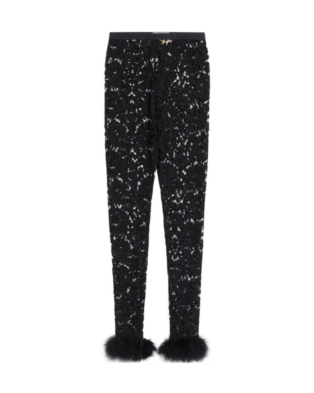 Valentino Black Lace Leggings With Feathers
