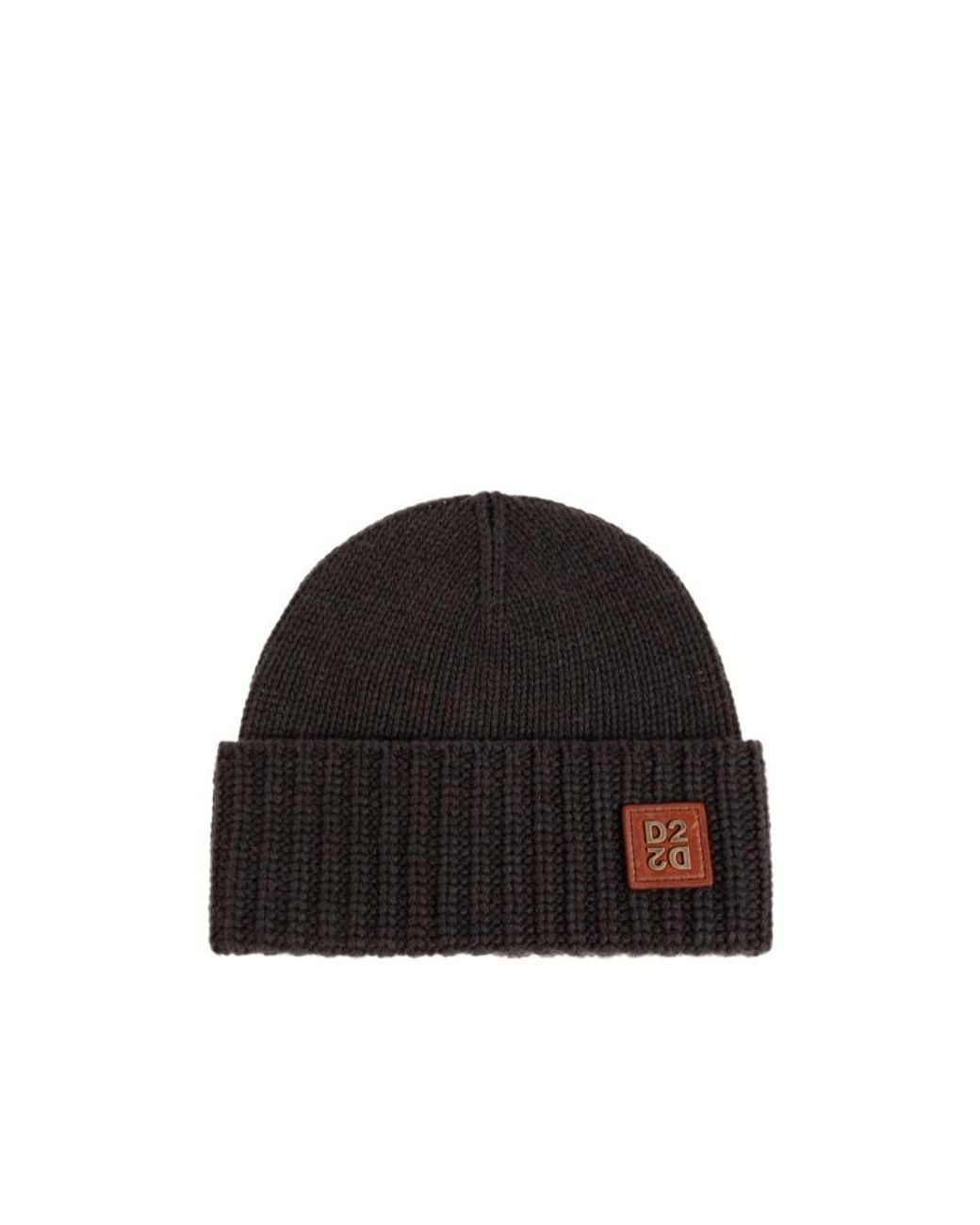 DSquared² Black Logo Patch Ribbed-Knit Beanie for men