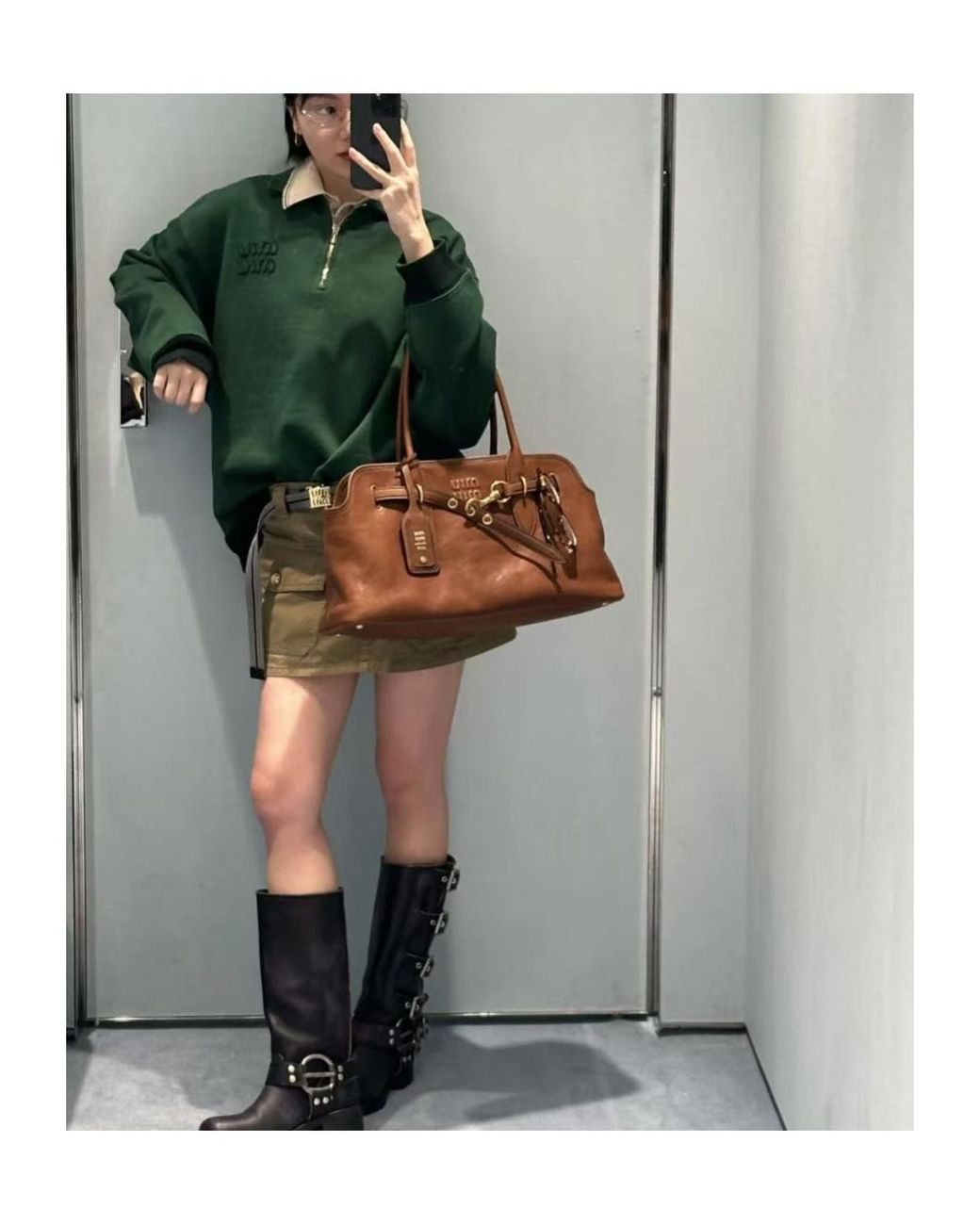 Miu Miu Green Long-Sleeved Oversized Polo Shirt