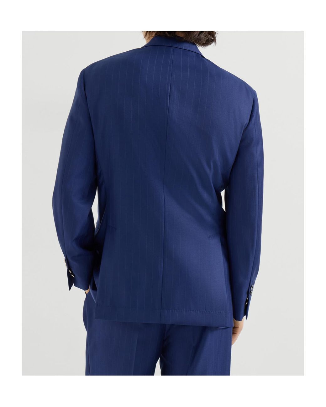 Brunello Cucinelli Blue Virgin Wool Chalk Stripe Batavia One-And-A-Half Breasted Tailor Blazer With Metal Buttons for men