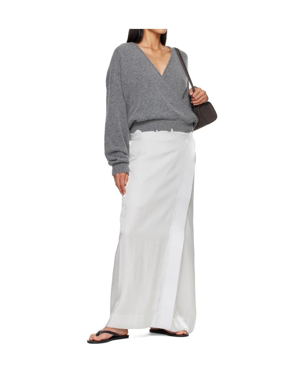 OPEN YY Gray Wool-Blend Crossover Wrap-Style Knit Sweater