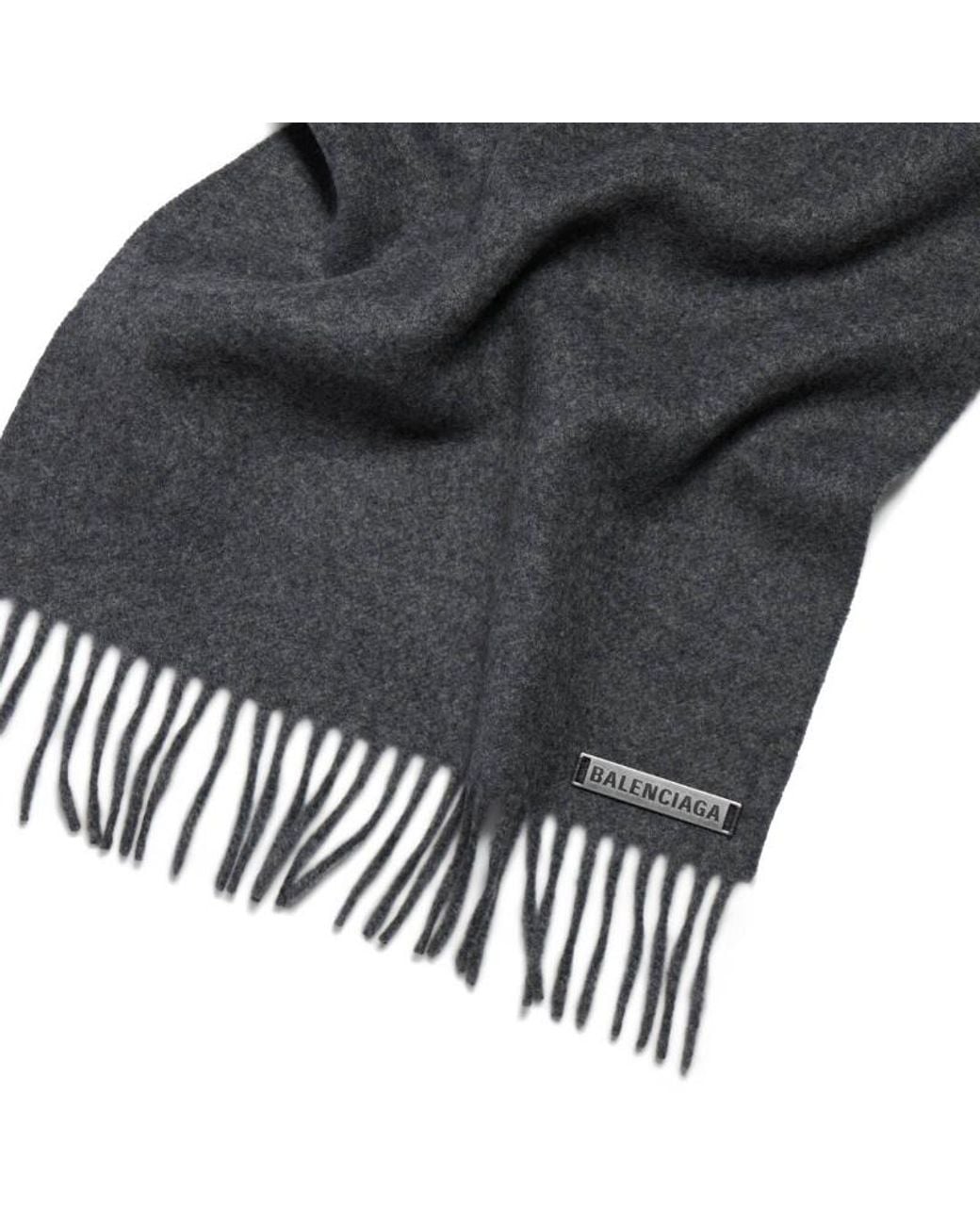 Balenciaga Gray Logo Plaque Fringed Scarf