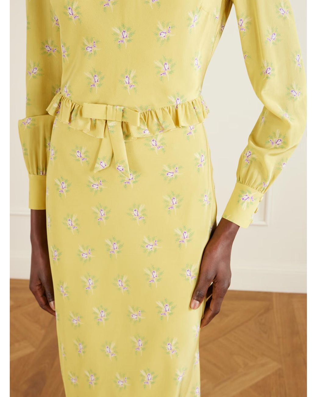Alessandra Rich Yellow Floral Print Dress With Ruffled Bow Embellishment