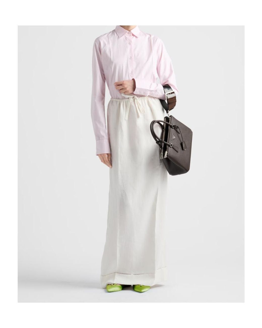 Prada White High Waist Logo Embroidered Maxi Skirt
