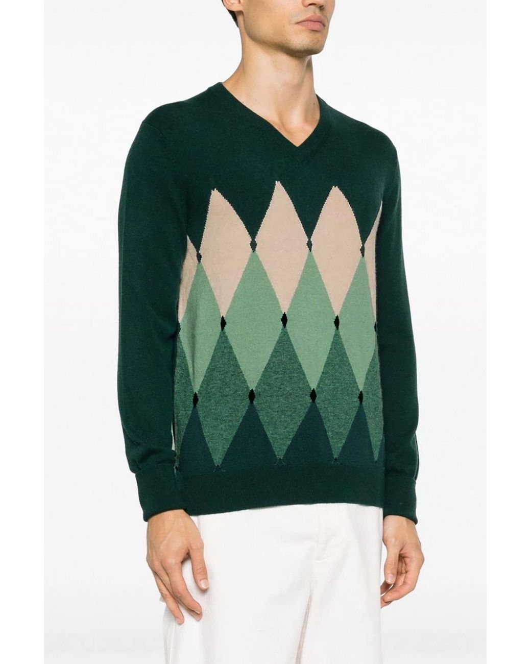 Ballantyne Green Diamond Pattern V-Neck Jumper for men