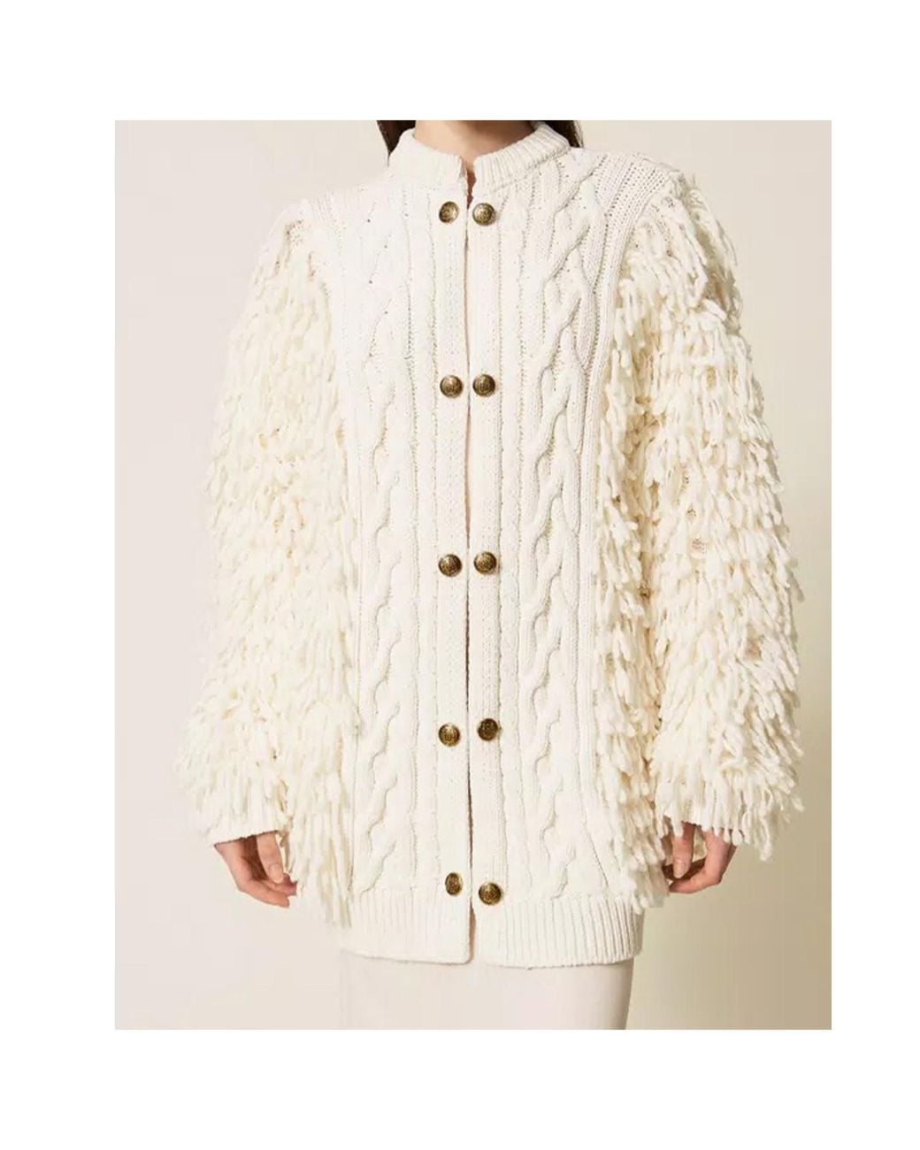 Twinset Natural Cable-Knit Fringed Cardigan