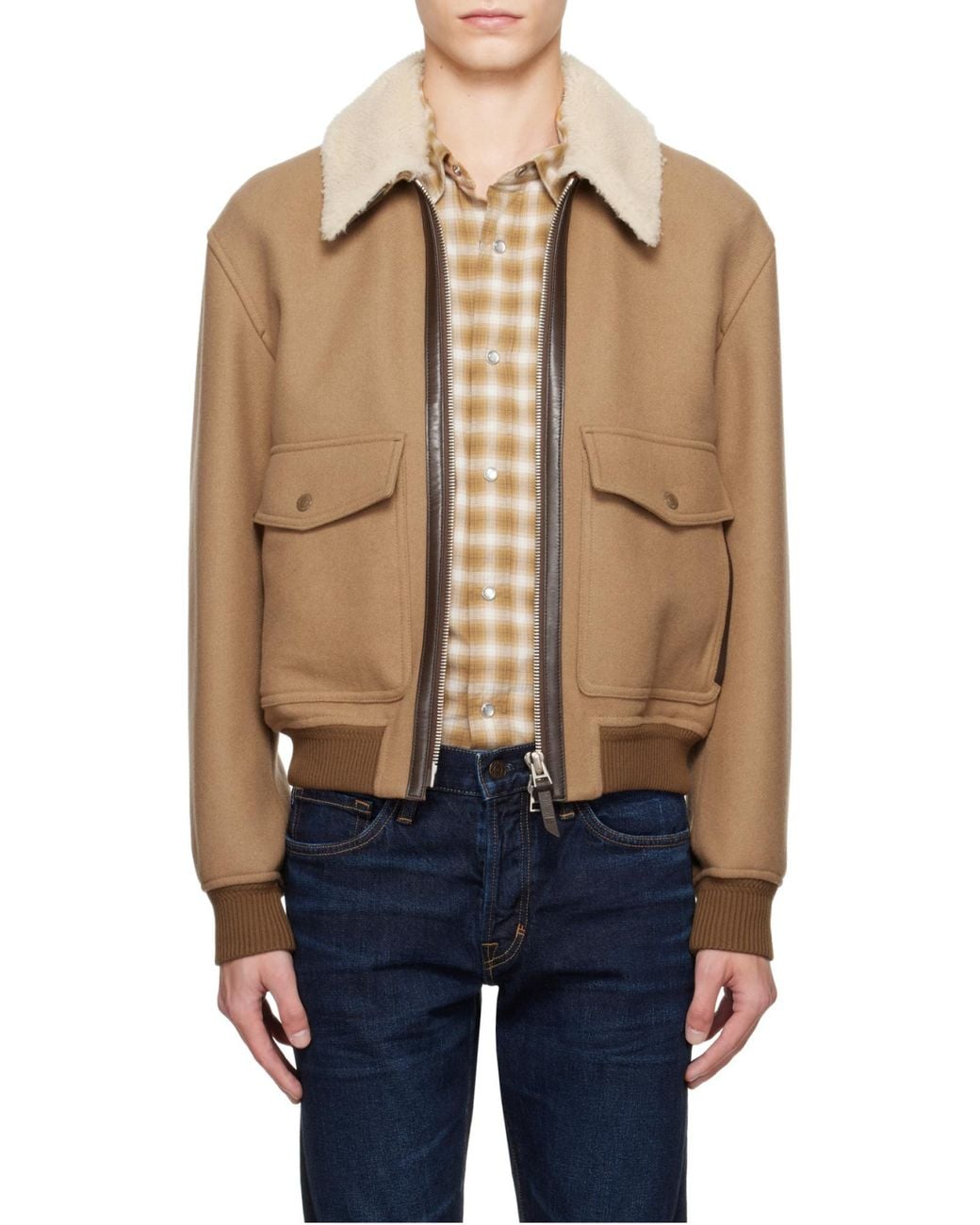 Tom Ford Blue Double Splittable Shearling Collar Bomber Jacket for men