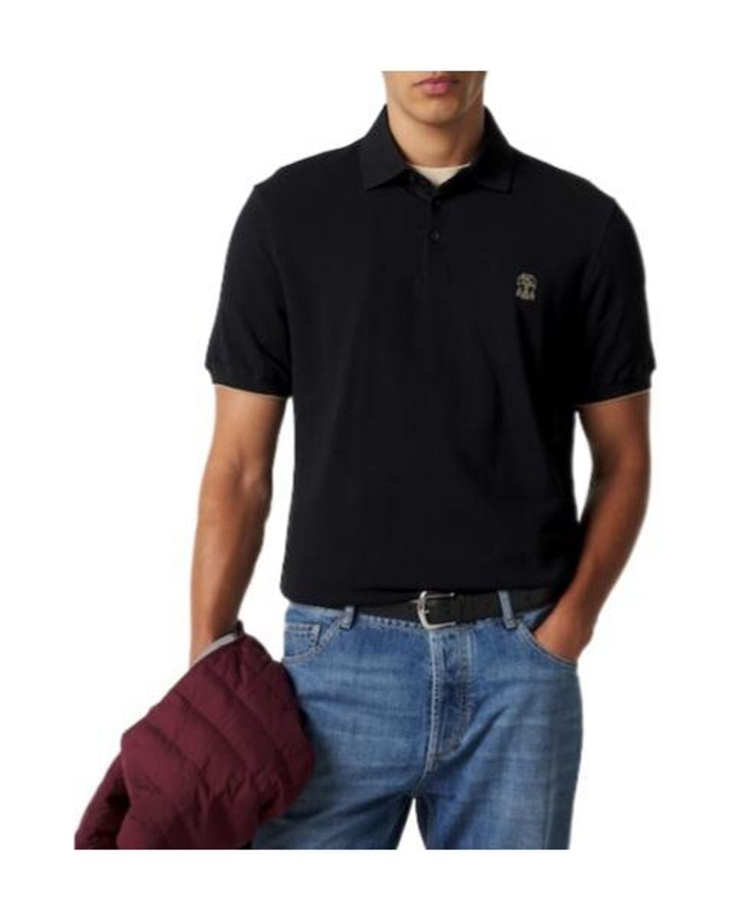 Brunello Cucinelli Black Cotton Piqué Polo Shirt for men