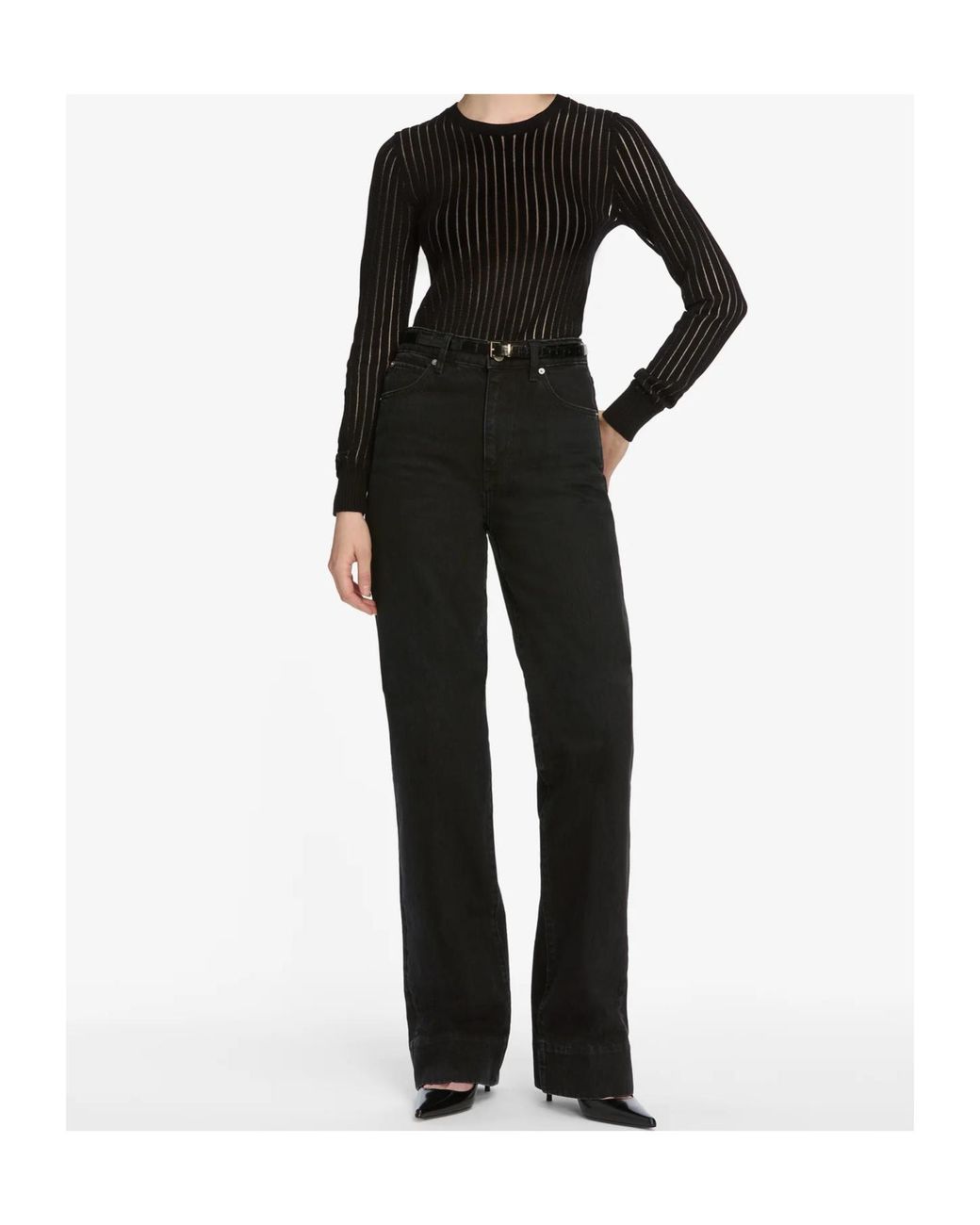 FRAME Black Sheer Ribbed Knitted Sweater