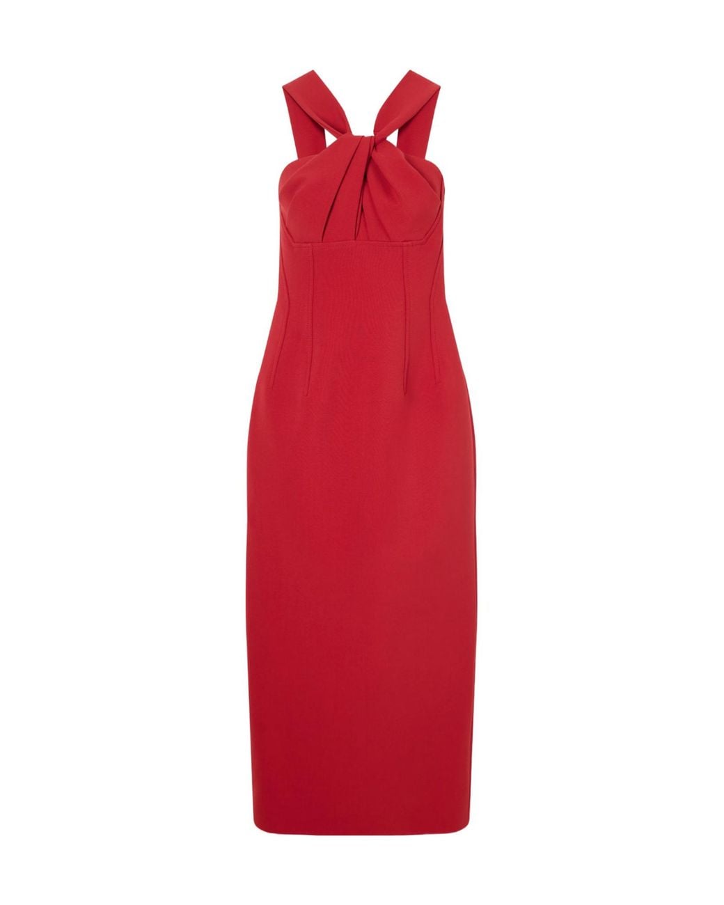Emilia Wickstead Red Open-Back Twisted Darted Birdseye Halterneck Midi Dress