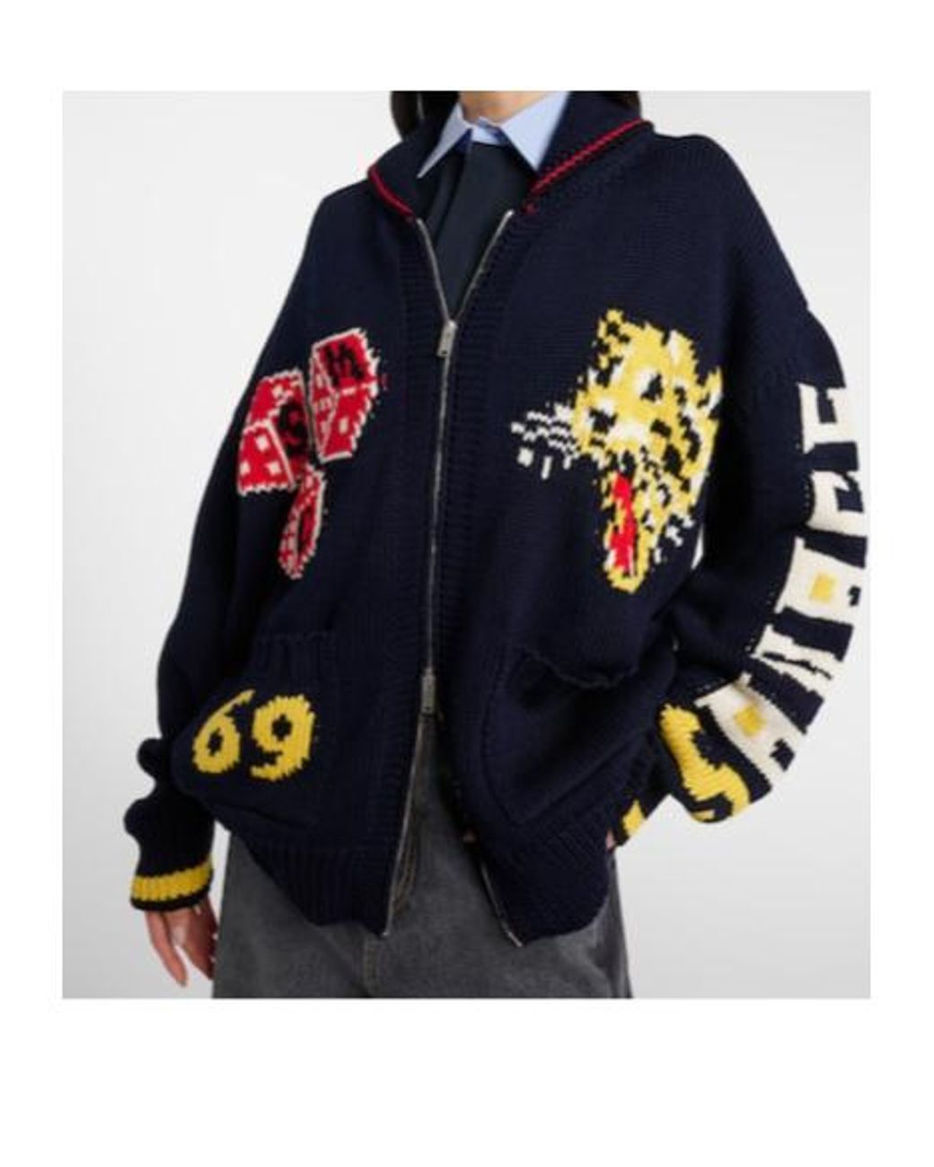 Stella McCartney Blue Intarsia Cotton Zip-Up Cardigan