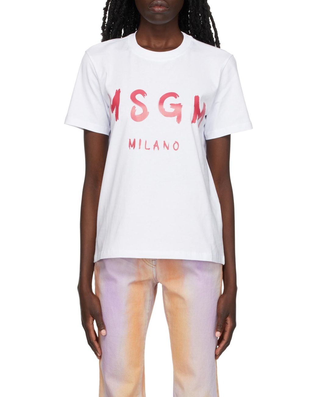 MSGM White Logo Printed Crewneck T-Shirt