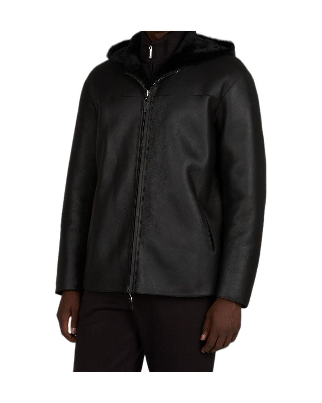 Emporio Armani Black Long-Sleeved Leather Jacket for men