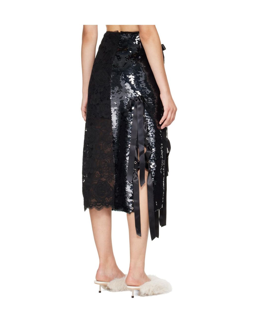 Simone Rocha Black Sequin-Embellished Lace-Patchwork Midi Skirt