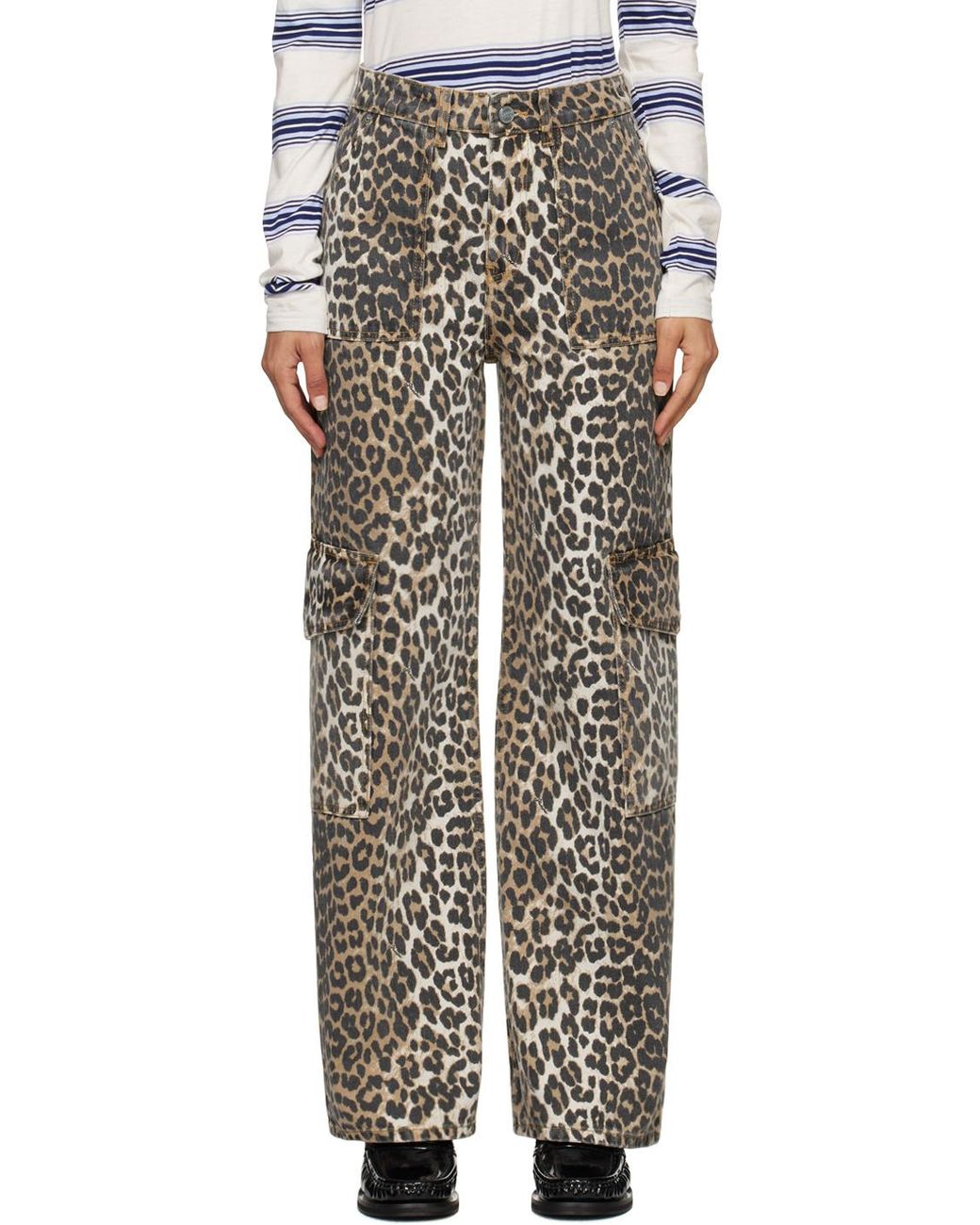 Ganni Gray Leopard Printed Straight Leg Jeans